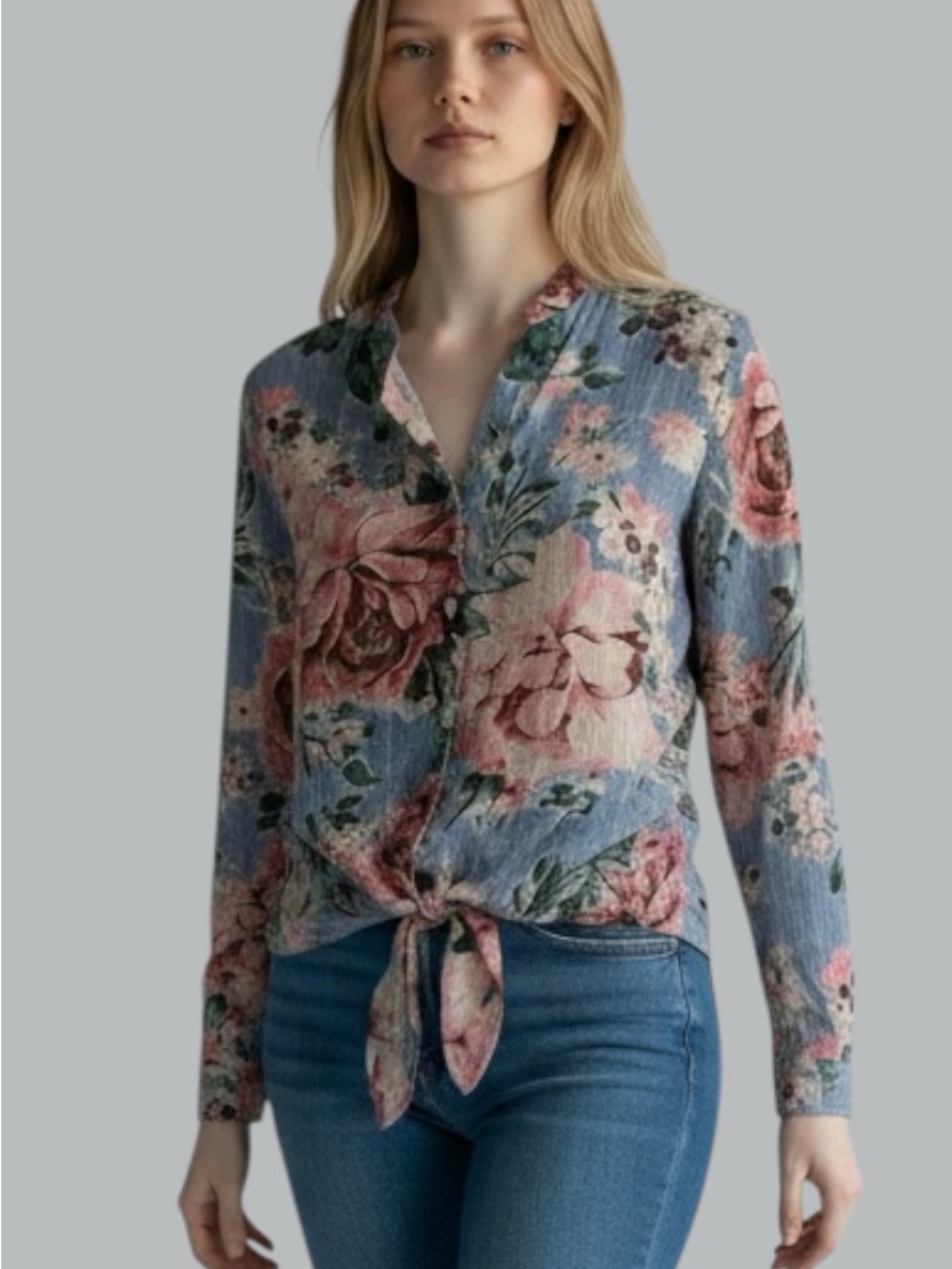 Vince Camuto Rose and Blue Floral Tie-Front Blouse